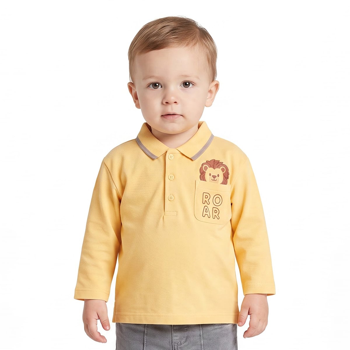 Baby Boys Yellow Cotton Polo T-Shirt Lion Detail Regular Fit Casual Kids T-Shirt
