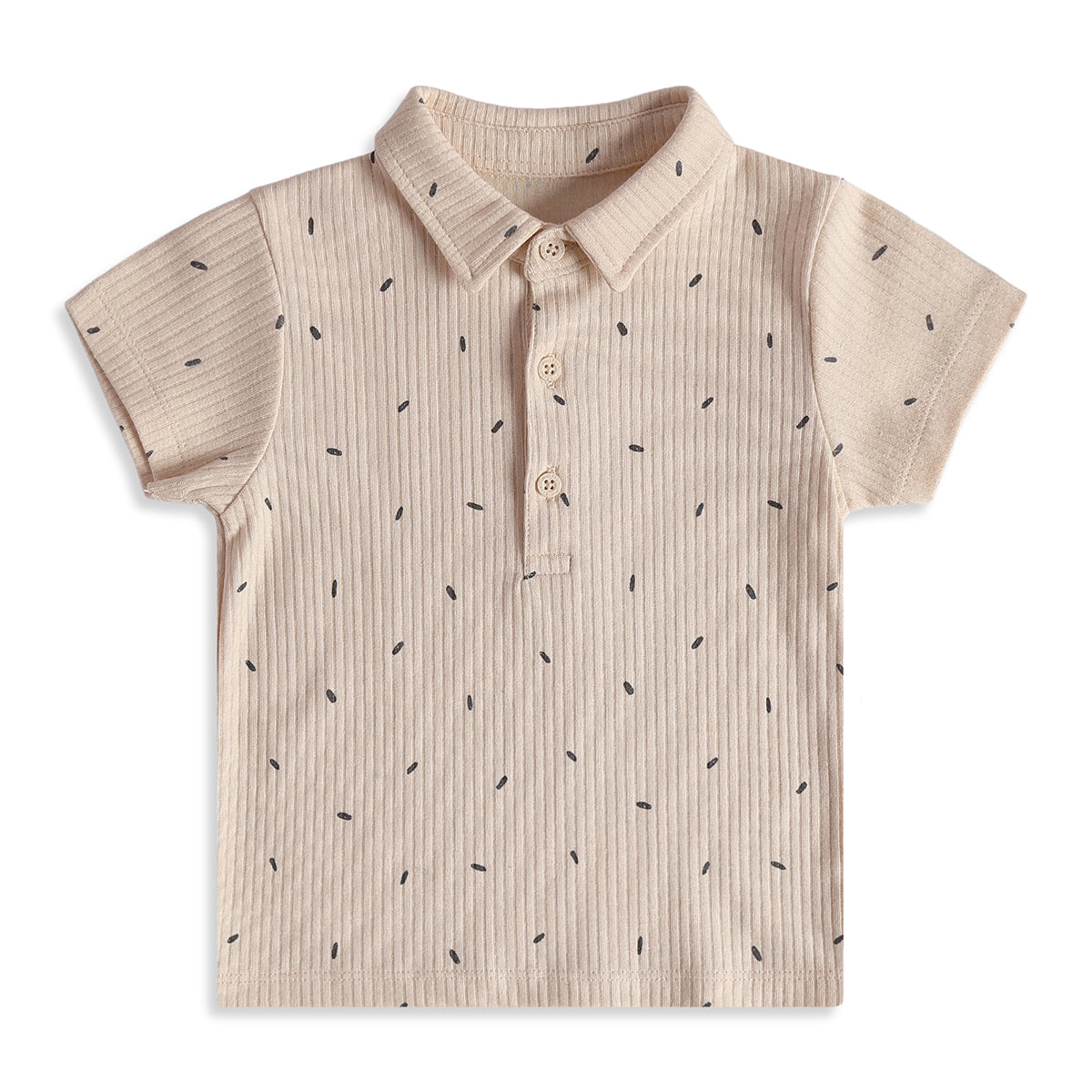 Baby Boys Beige Cotton Ribbed Printed Polo T-Shirt Casual Wear