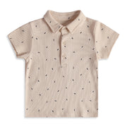 Baby Boys Beige Cotton Ribbed Printed Polo T-Shirt Casual Wear