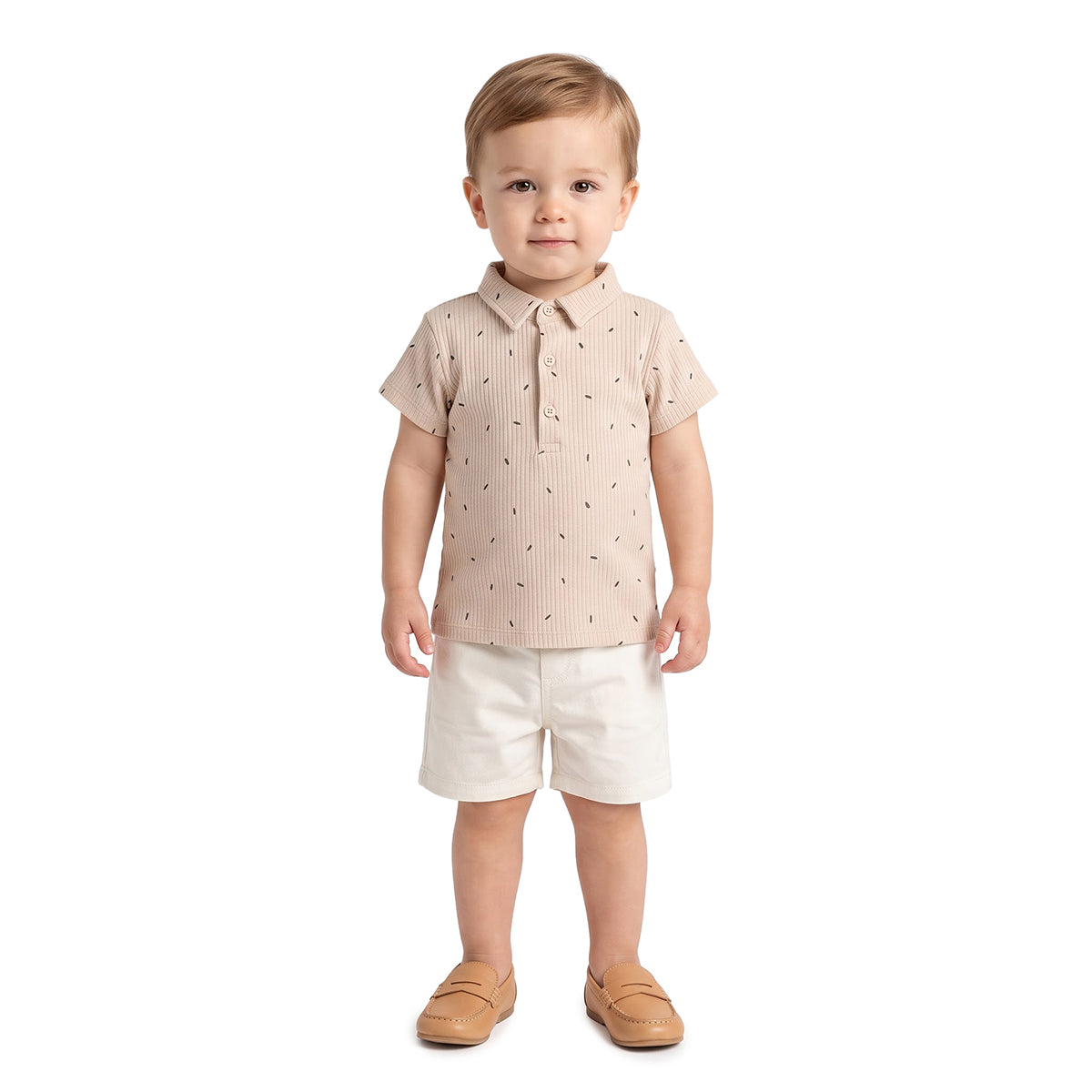 Baby Boys Beige Cotton Ribbed Printed Polo T-Shirt Casual Wear