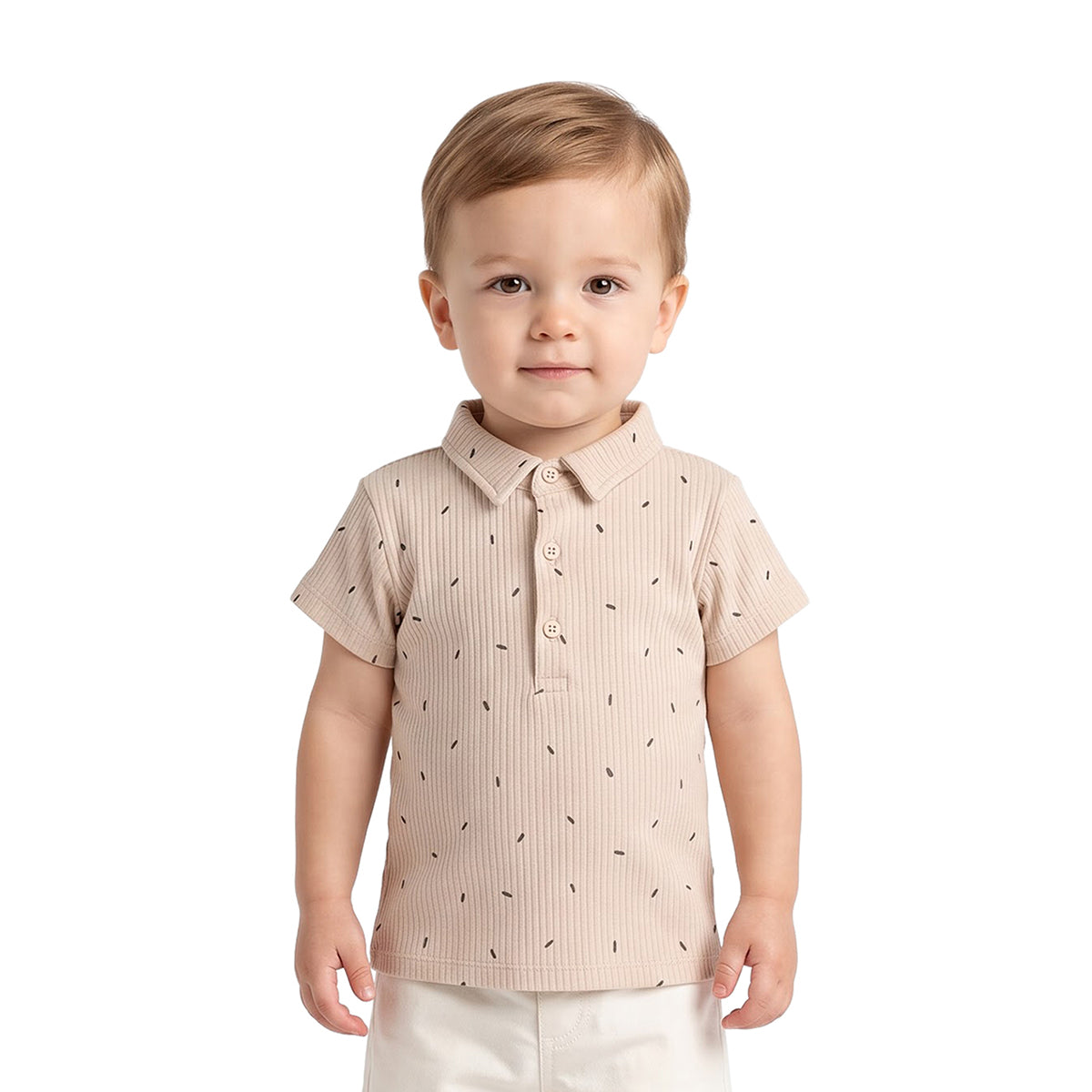 Baby Boys Beige Cotton Ribbed Printed Polo T-Shirt Casual Wear