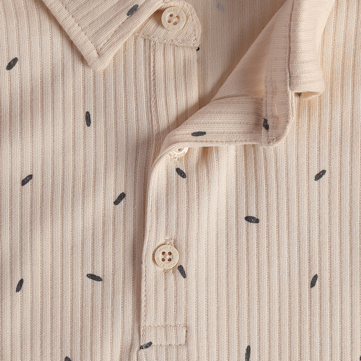 Baby Boys Beige Cotton Ribbed Printed Polo T-Shirt Casual Wear