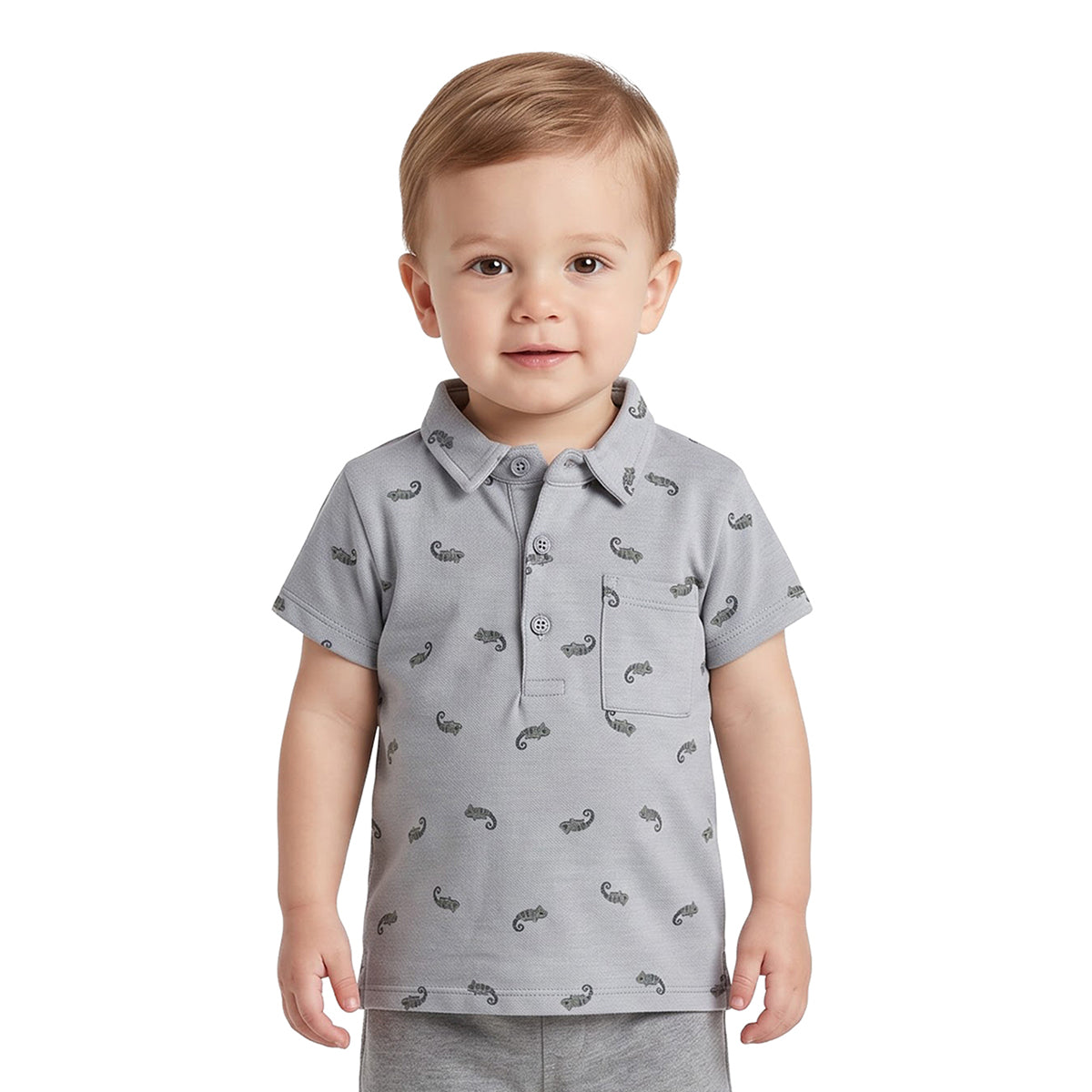 Baby Boys Grey Cotton Printed Polo T-Shirt Regular Fit Casual Wear
