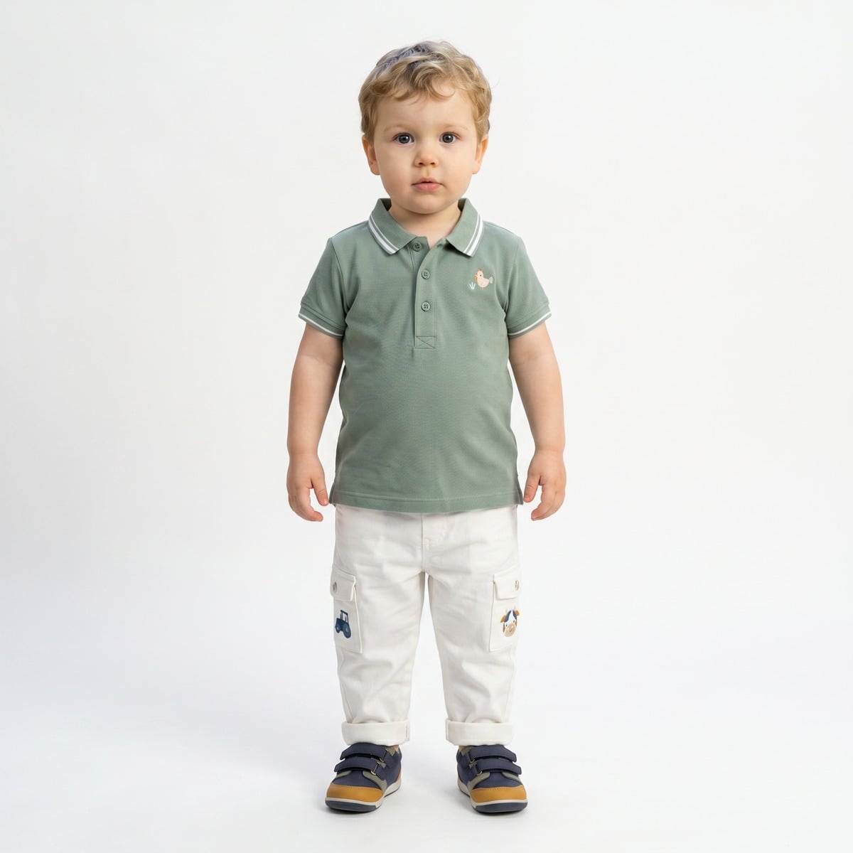 Baby Boys Sage Green Cotton Blend Bird Embroidered Polo T-Shirt Regular Fit Casual Wear