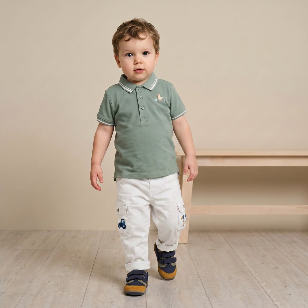 Baby Boys Sage Green Cotton Blend Bird Embroidered Polo T-Shirt Regular Fit Casual Wear
