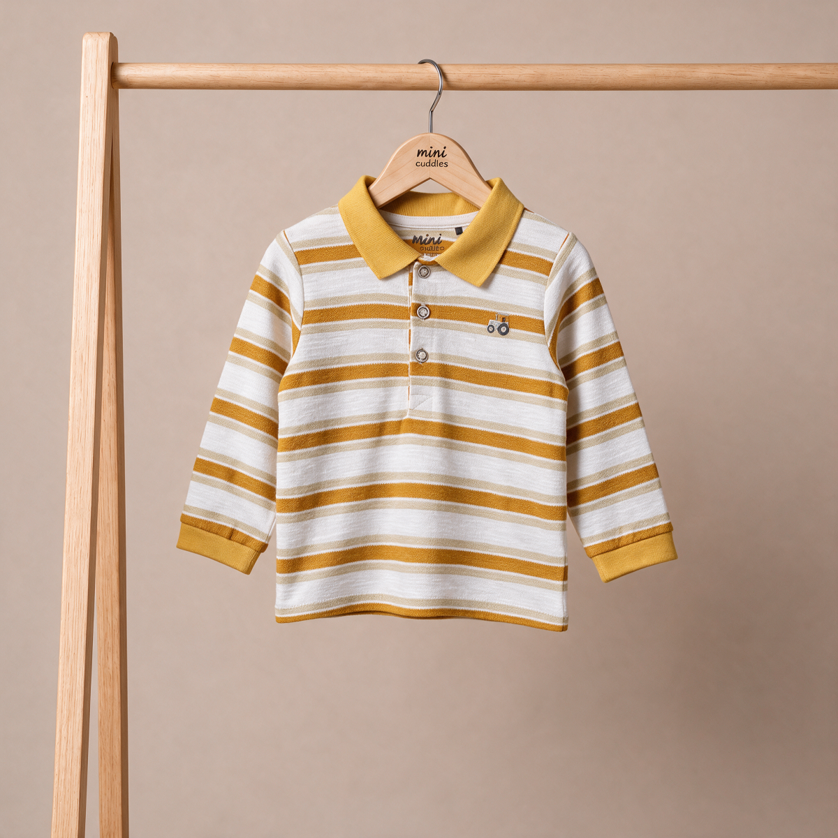 Baby Boys Mustard Yellow And White Cotton Striped Tractor Embroidered Polo T-Shirt Regular Fit Casual Wear