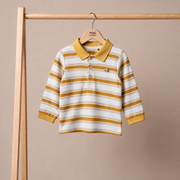 Baby Boys Mustard Yellow And White Cotton Striped Tractor Embroidered Polo T-Shirt Regular Fit Casual Wear