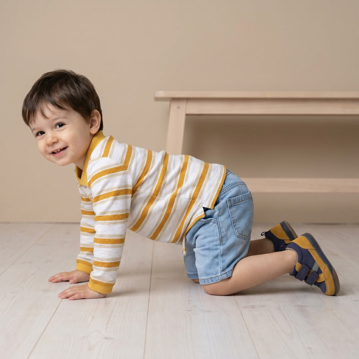 Baby Boys Mustard Yellow And White Cotton Striped Tractor Embroidered Polo T-Shirt Regular Fit Casual Wear