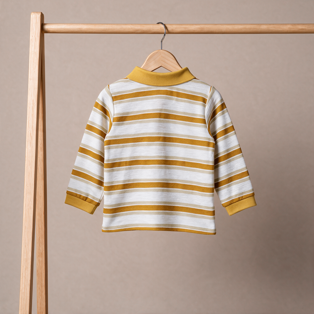 Baby Boys Mustard Yellow And White Cotton Striped Tractor Embroidered Polo T-Shirt Regular Fit Casual Wear