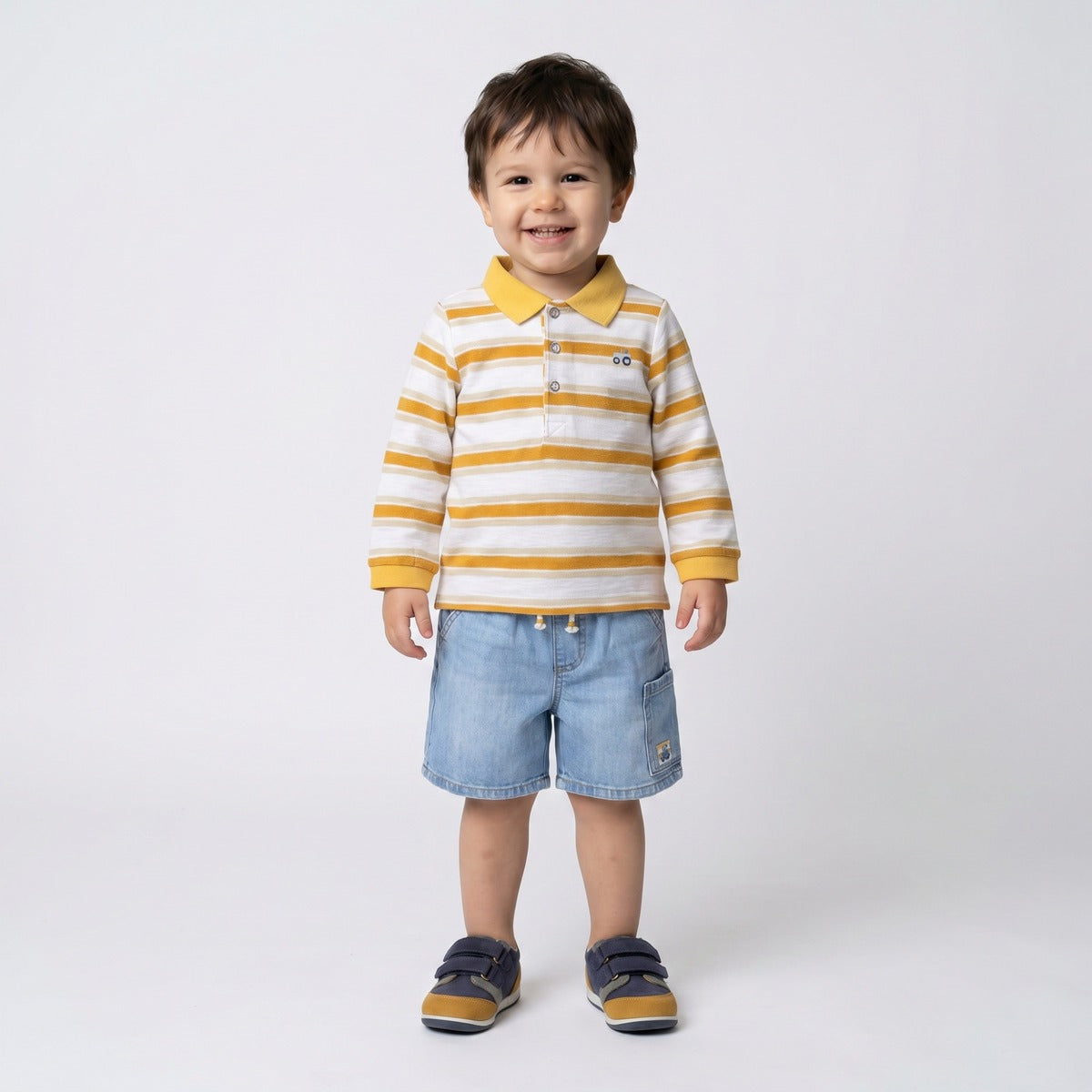 Baby Boys Mustard Yellow And White Cotton Striped Tractor Embroidered Polo T-Shirt Regular Fit Casual Wear
