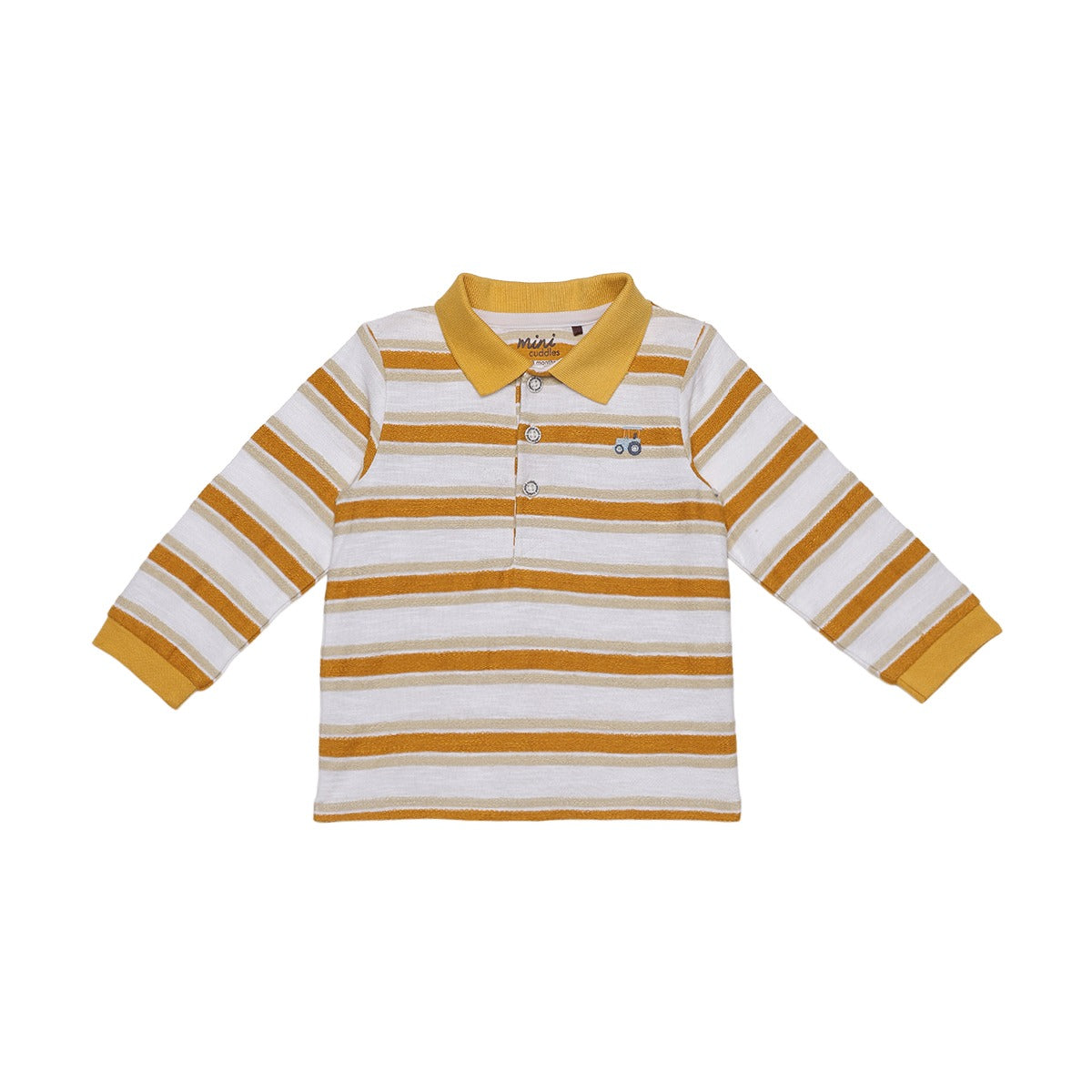 Baby Boys Mustard Yellow And White Cotton Striped Tractor Embroidered Polo T-Shirt Regular Fit Casual Wear