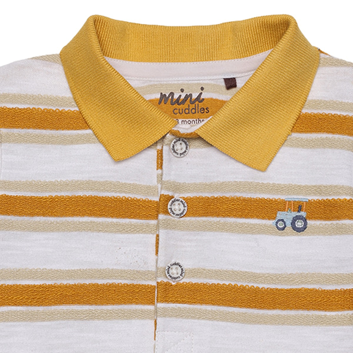 Baby Boys Mustard Yellow And White Cotton Striped Tractor Embroidered Polo T-Shirt Regular Fit Casual Wear