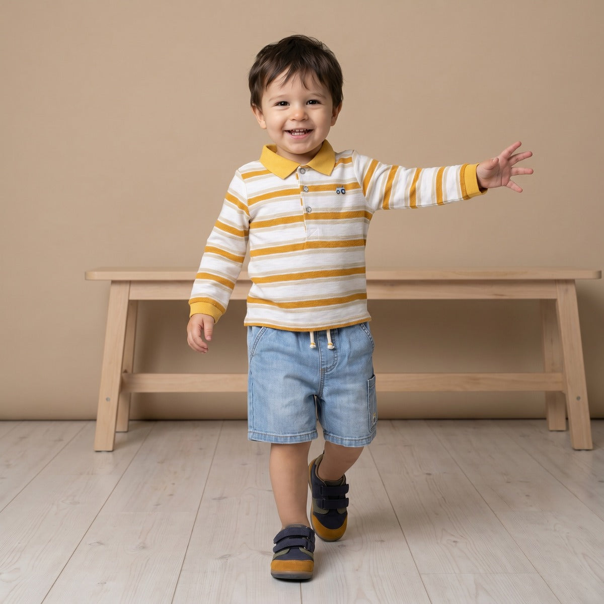 Baby Boys Mustard Yellow And White Cotton Striped Tractor Embroidered Polo T-Shirt Regular Fit Casual Wear