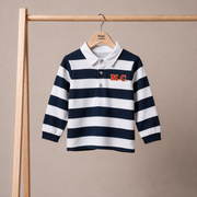 Baby Boys Navy Blue And White Cotton Striped Embroidered Polo T-Shirt Regular Fit Casual Wear
