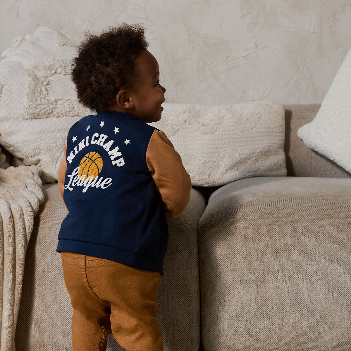 Baby Boys Navy Blue And Brown Cotton Basketball Printed Front Open Sweatshirt Regular Fit Casual Wear