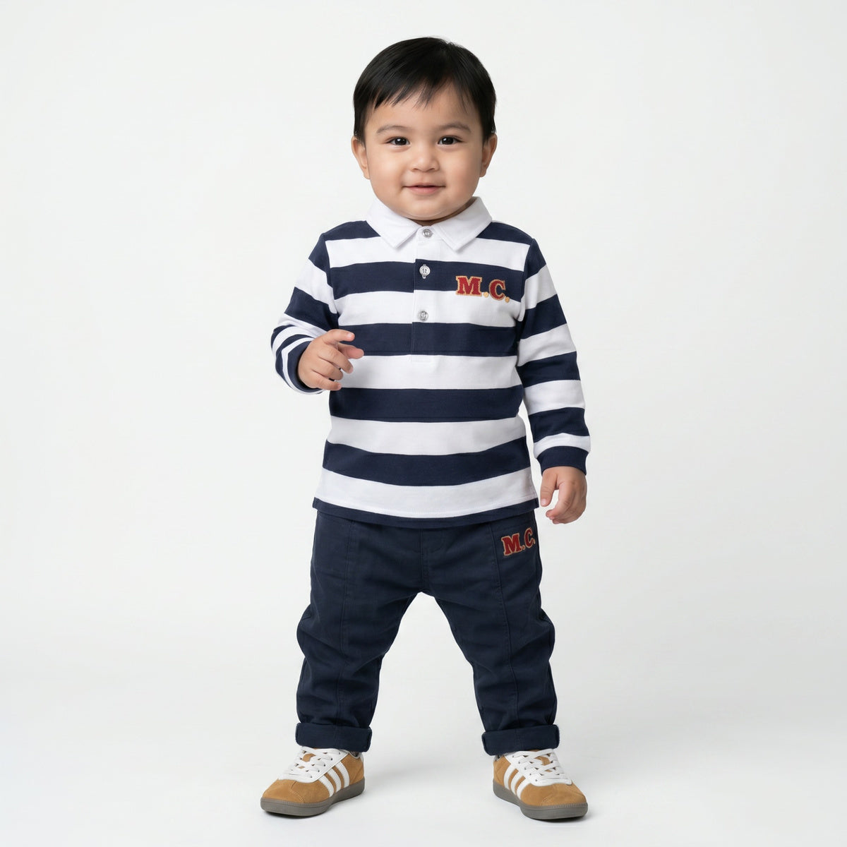Baby Boys Navy Blue And White Cotton Striped Embroidered Polo T-Shirt Regular Fit Casual Wear
