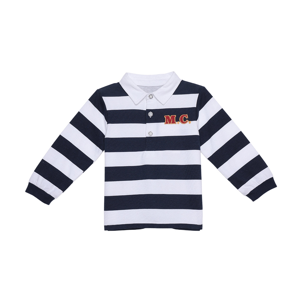Baby Boys Navy Blue And White Cotton Striped Embroidered Polo T-Shirt Regular Fit Casual Wear