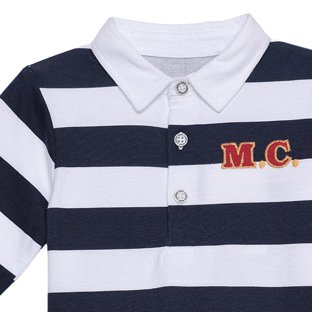 Baby Boys Navy Blue And White Cotton Striped Embroidered Polo T-Shirt Regular Fit Casual Wear