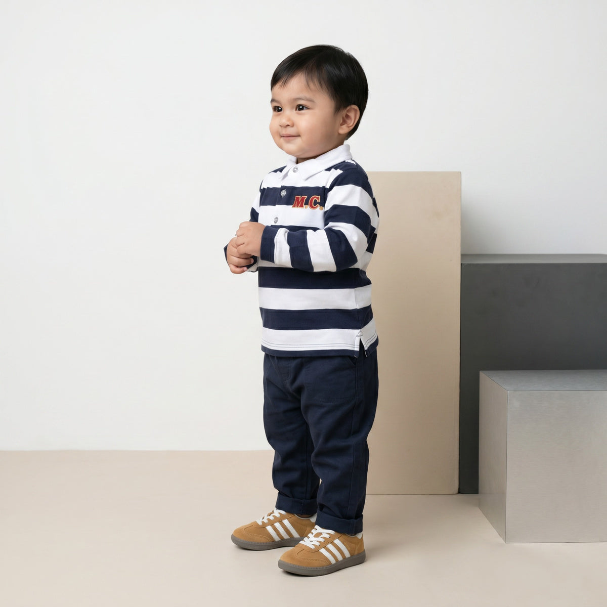 Baby Boys Navy Blue And White Cotton Striped Embroidered Polo T-Shirt Regular Fit Casual Wear
