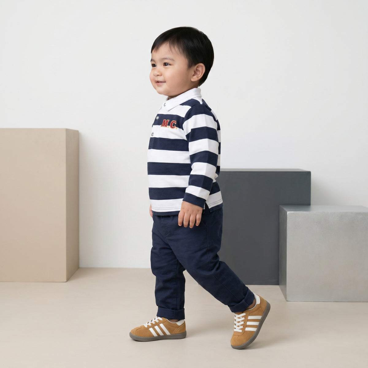 Baby Boys Navy Blue And White Cotton Striped Embroidered Polo T-Shirt Regular Fit Casual Wear