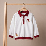 Baby Boys White And Maroon Cotton Embroidered Polo T-Shirt Regular Fit Casual Wear