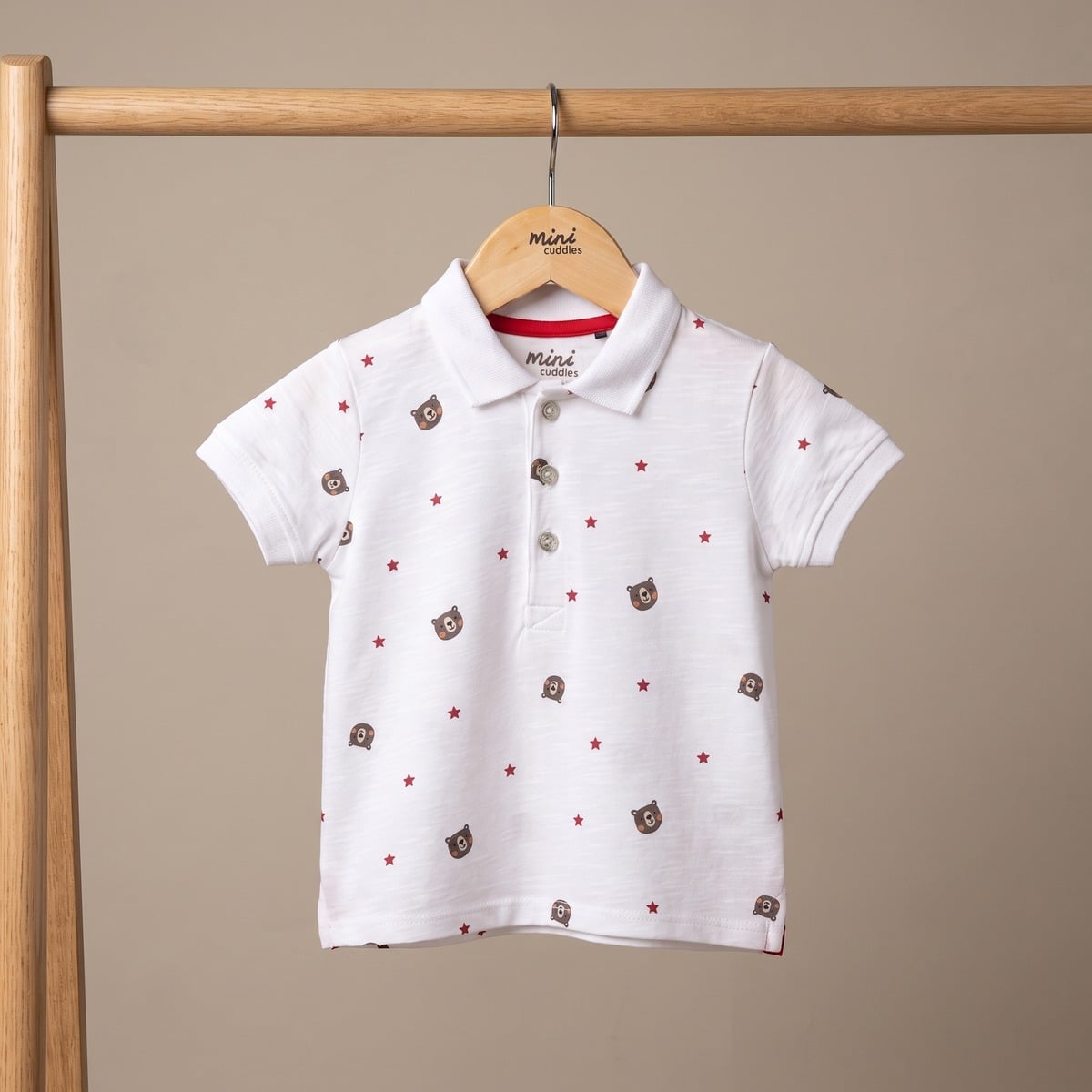 Baby Boys White Cotton Blend Bear And Star Printed Polo T-Shirt Regular Fit Casual Wear