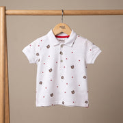 Baby Boys White Cotton Blend Bear And Star Printed Polo T-Shirt Regular Fit Casual Wear