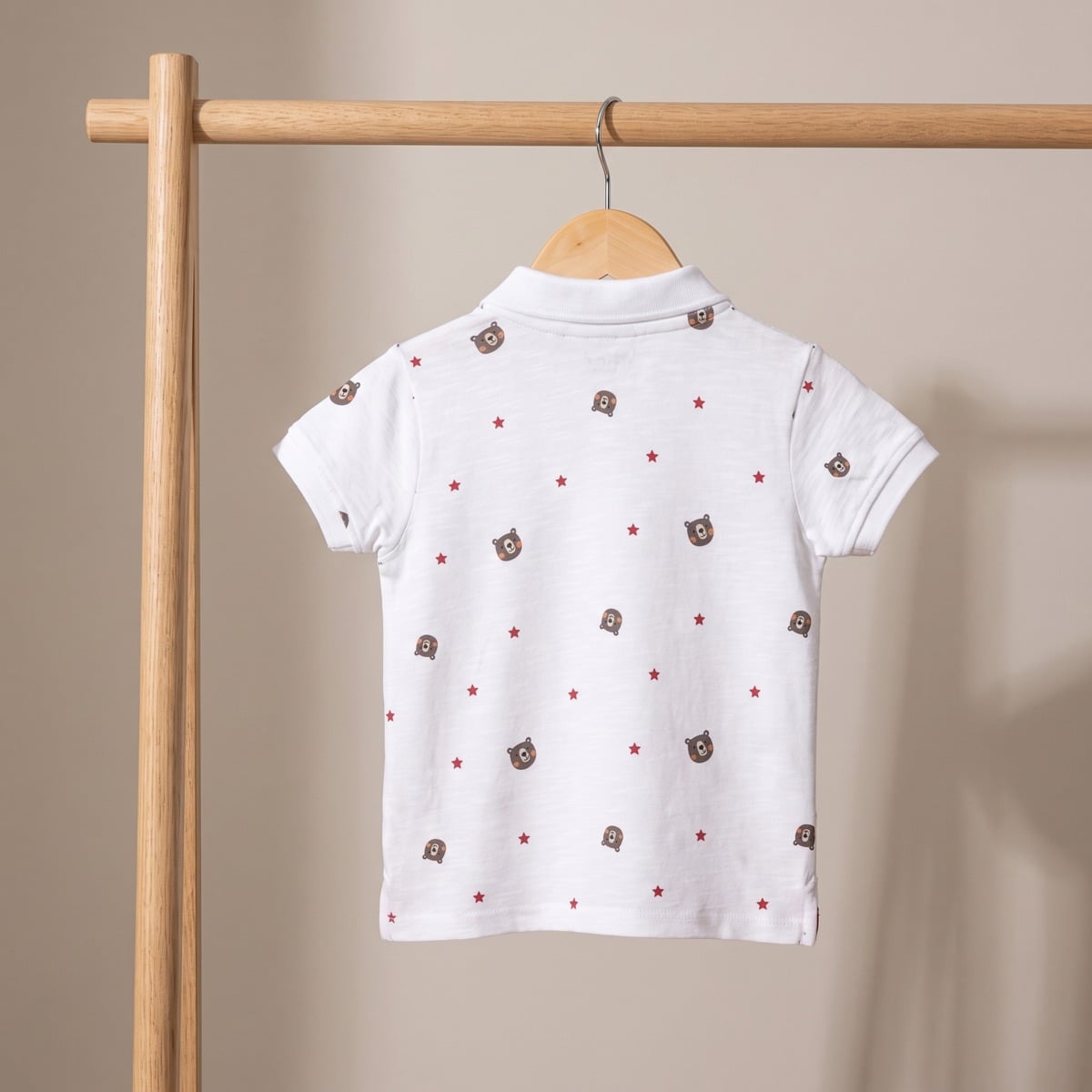 Baby Boys White Cotton Blend Bear And Star Printed Polo T-Shirt Regular Fit Casual Wear