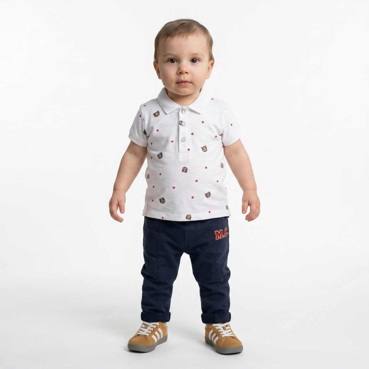 Baby Boys White Cotton Blend Bear And Star Printed Polo T-Shirt Regular Fit Casual Wear