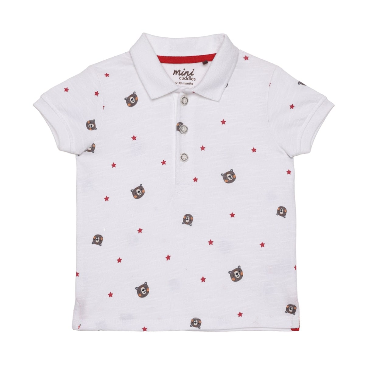 Baby Boys White Cotton Blend Bear And Star Printed Polo T-Shirt Regular Fit Casual Wear