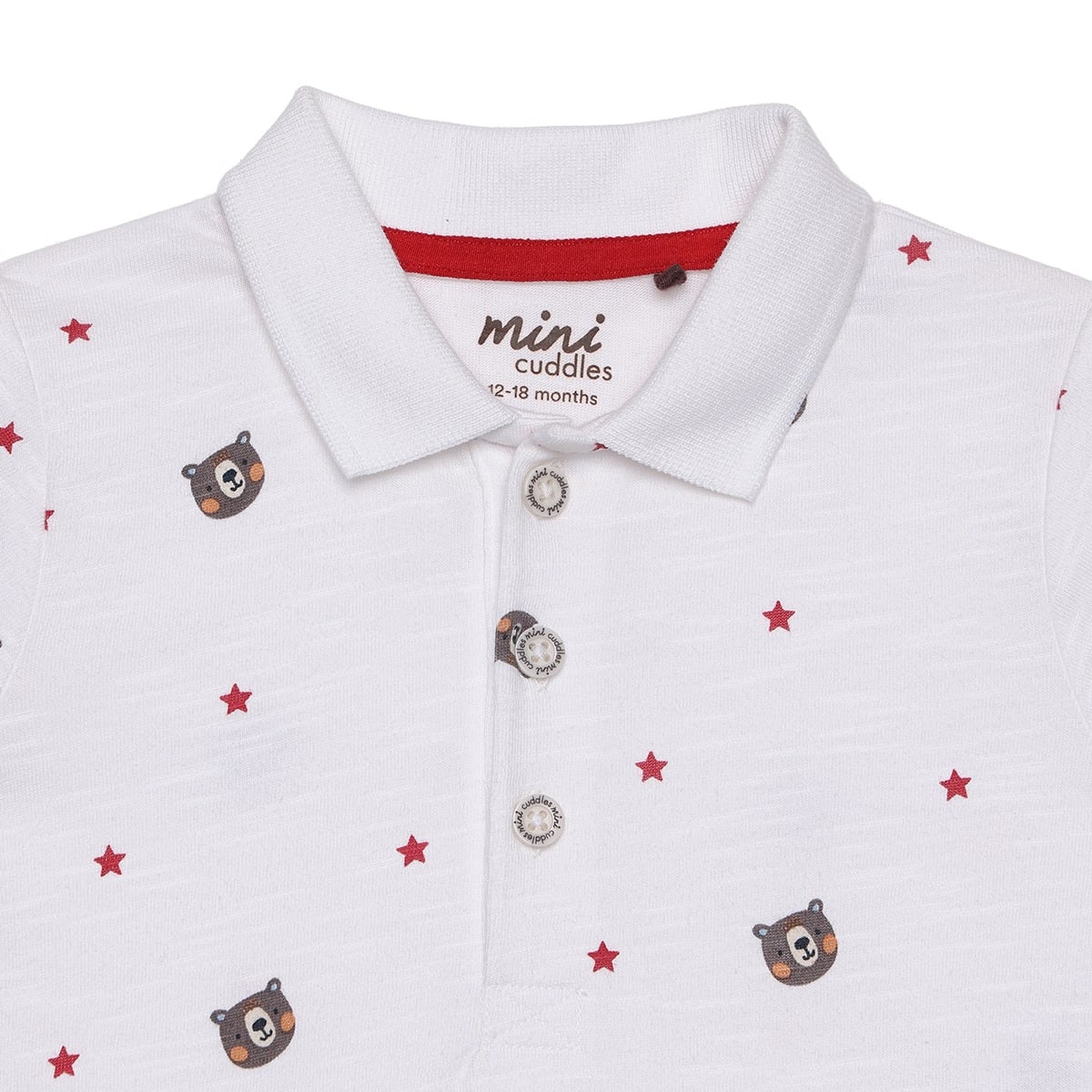 Baby Boys White Cotton Blend Bear And Star Printed Polo T-Shirt Regular Fit Casual Wear