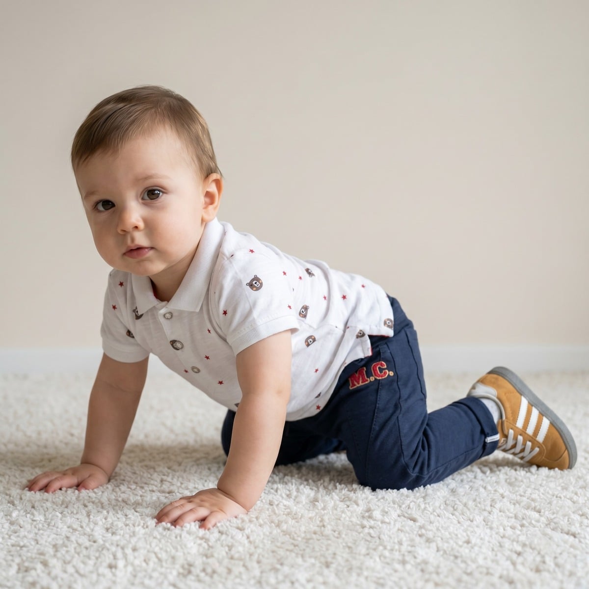 Baby Boys White Cotton Blend Bear And Star Printed Polo T-Shirt Regular Fit Casual Wear