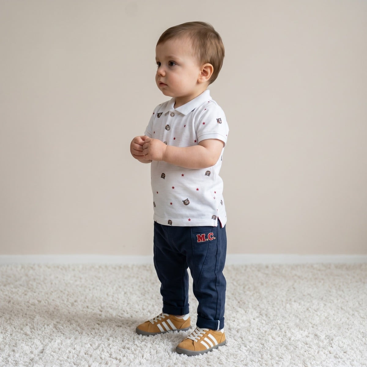 Baby Boys White Cotton Blend Bear And Star Printed Polo T-Shirt Regular Fit Casual Wear