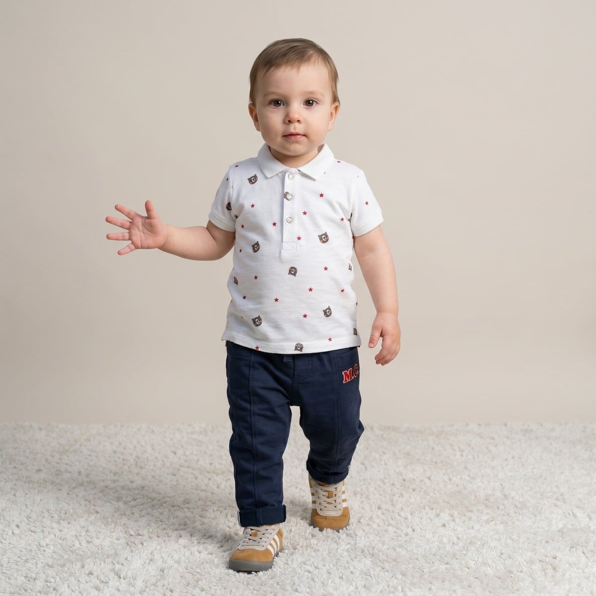 Baby Boys White Cotton Blend Bear And Star Printed Polo T-Shirt Regular Fit Casual Wear