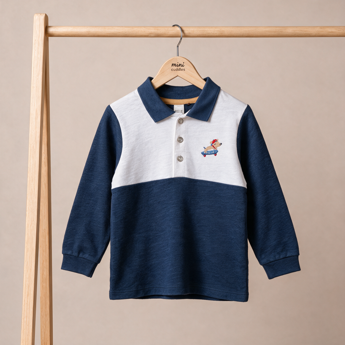 Baby Boys Navy Blue And White Cotton Blend Dog Embroidered Colour Block Full Sleeve Polo T-Shirt Regular Fit Casual Wear
