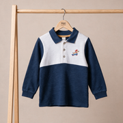 Baby Boys Navy Blue And White Cotton Blend Dog Embroidered Colour Block Full Sleeve Polo T-Shirt Regular Fit Casual Wear