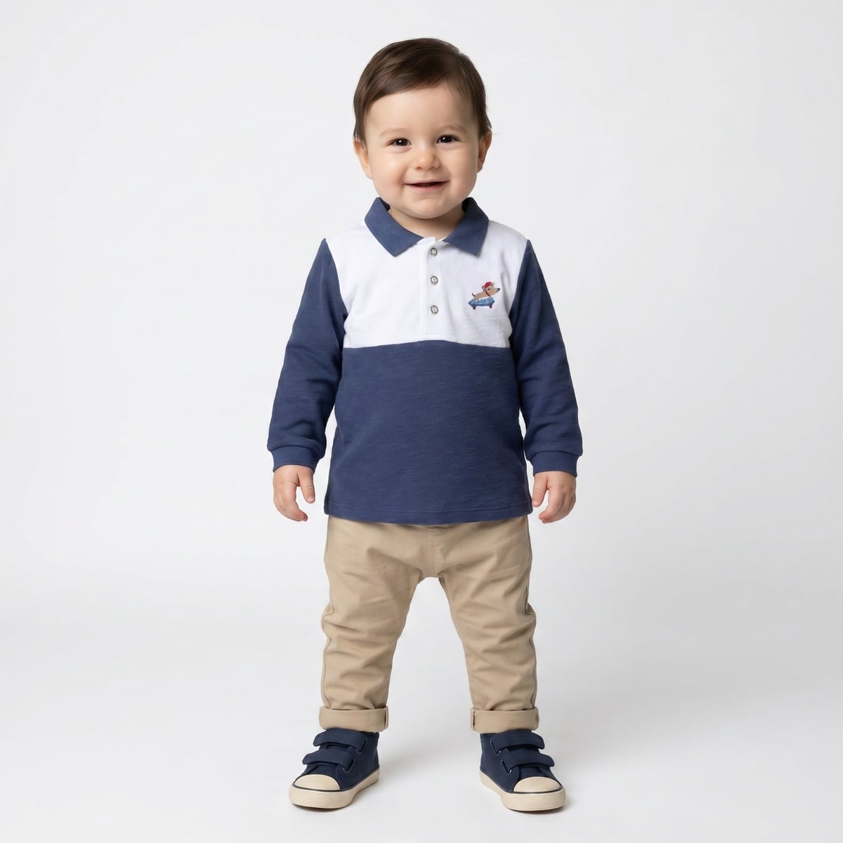 Baby Boys Navy Blue And White Cotton Blend Dog Embroidered Colour Block Full Sleeve Polo T-Shirt Regular Fit Casual Wear