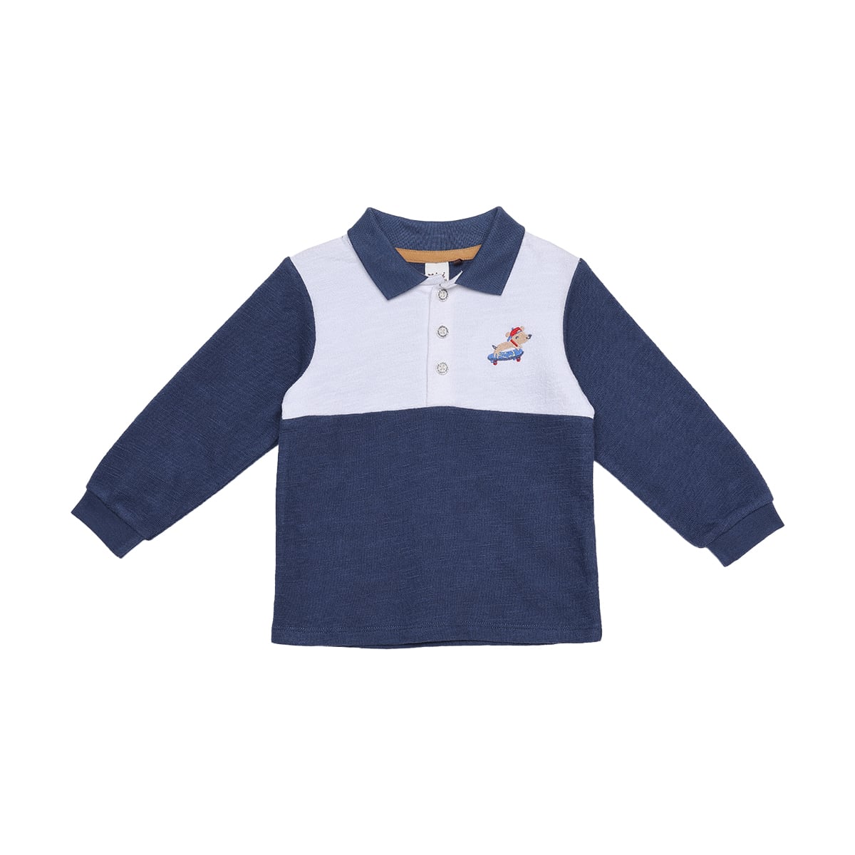 Baby Boys Navy Blue And White Cotton Blend Dog Embroidered Colour Block Full Sleeve Polo T-Shirt Regular Fit Casual Wear