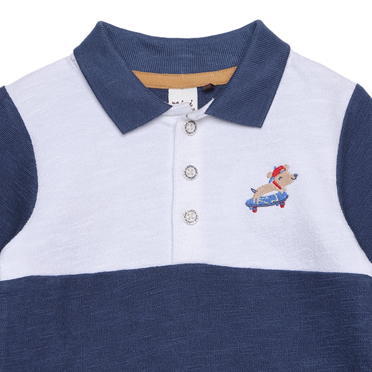 Baby Boys Navy Blue And White Cotton Blend Dog Embroidered Colour Block Full Sleeve Polo T-Shirt Regular Fit Casual Wear