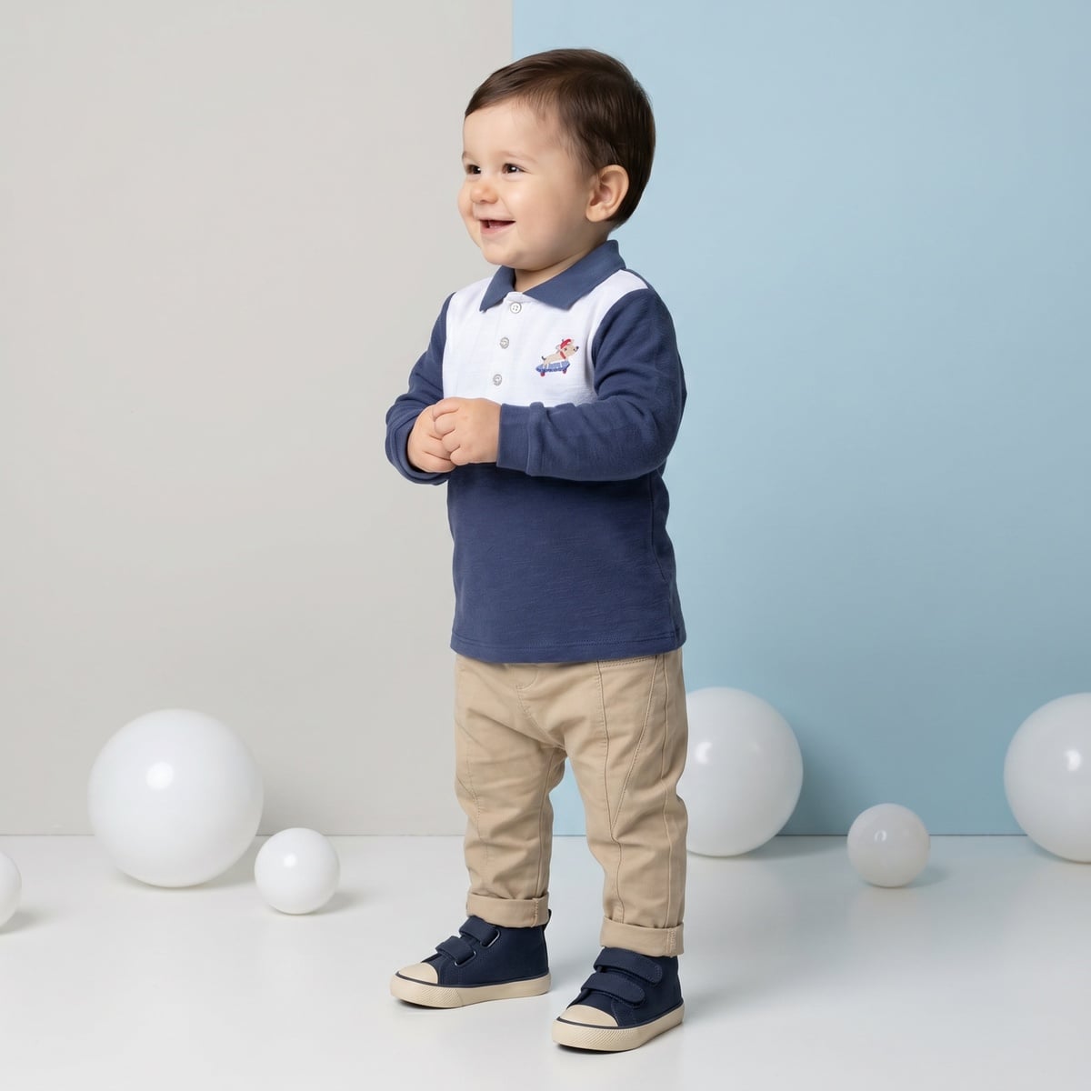 Baby Boys Navy Blue And White Cotton Blend Dog Embroidered Colour Block Full Sleeve Polo T-Shirt Regular Fit Casual Wear
