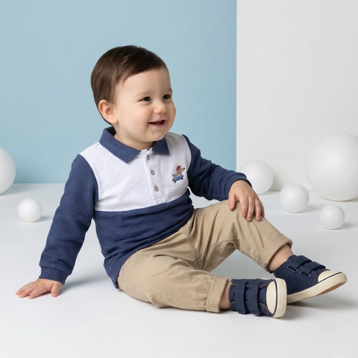 Baby Boys Navy Blue And White Cotton Blend Dog Embroidered Colour Block Full Sleeve Polo T-Shirt Regular Fit Casual Wear