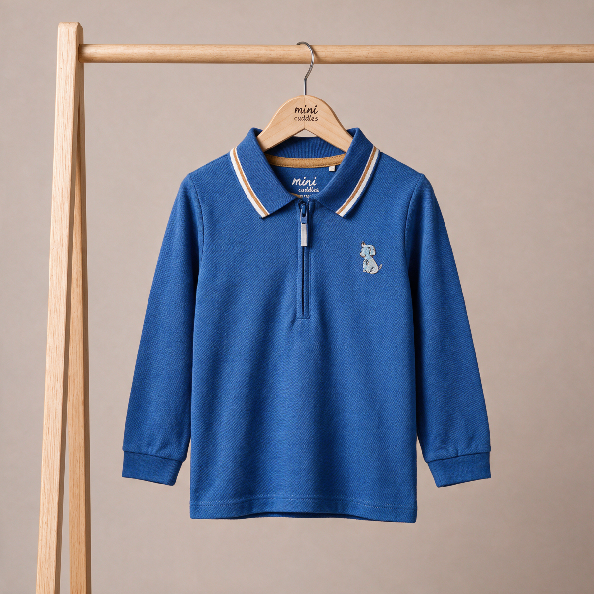 Baby Boys Blue Cotton Blend Dog Embroidered Full Sleeve Zip Polo T-Shirt Regular Fit Casual Wear