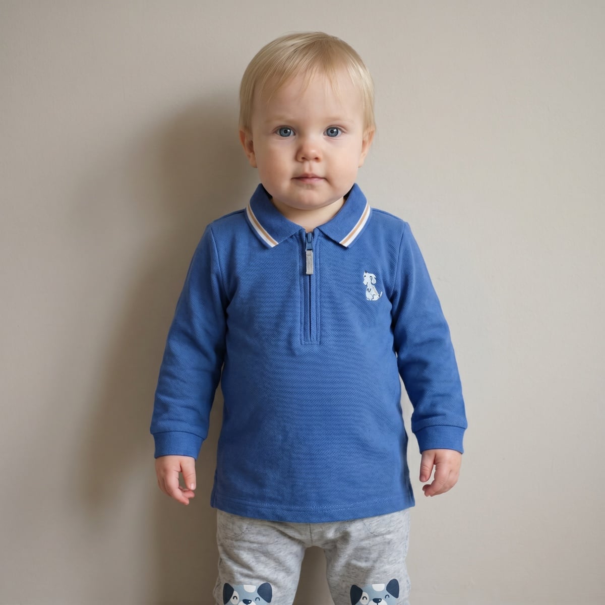 Baby Boys Blue Cotton Blend Dog Embroidered Full Sleeve Zip Polo T-Shirt Regular Fit Casual Wear