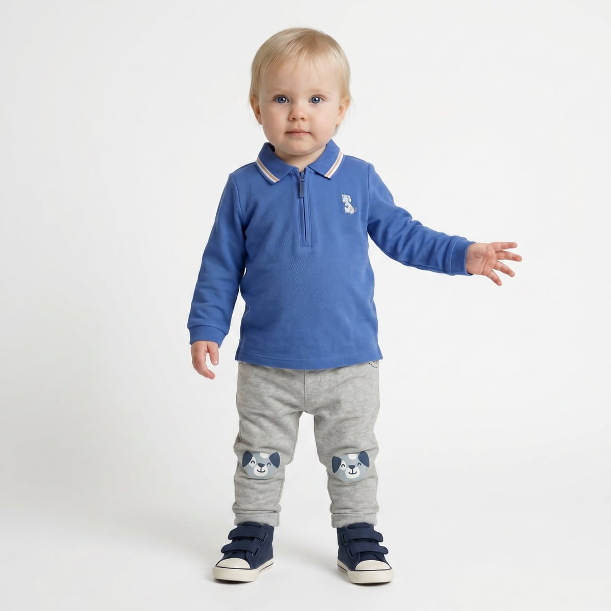 Baby Boys Blue Cotton Blend Dog Embroidered Full Sleeve Zip Polo T-Shirt Regular Fit Casual Wear