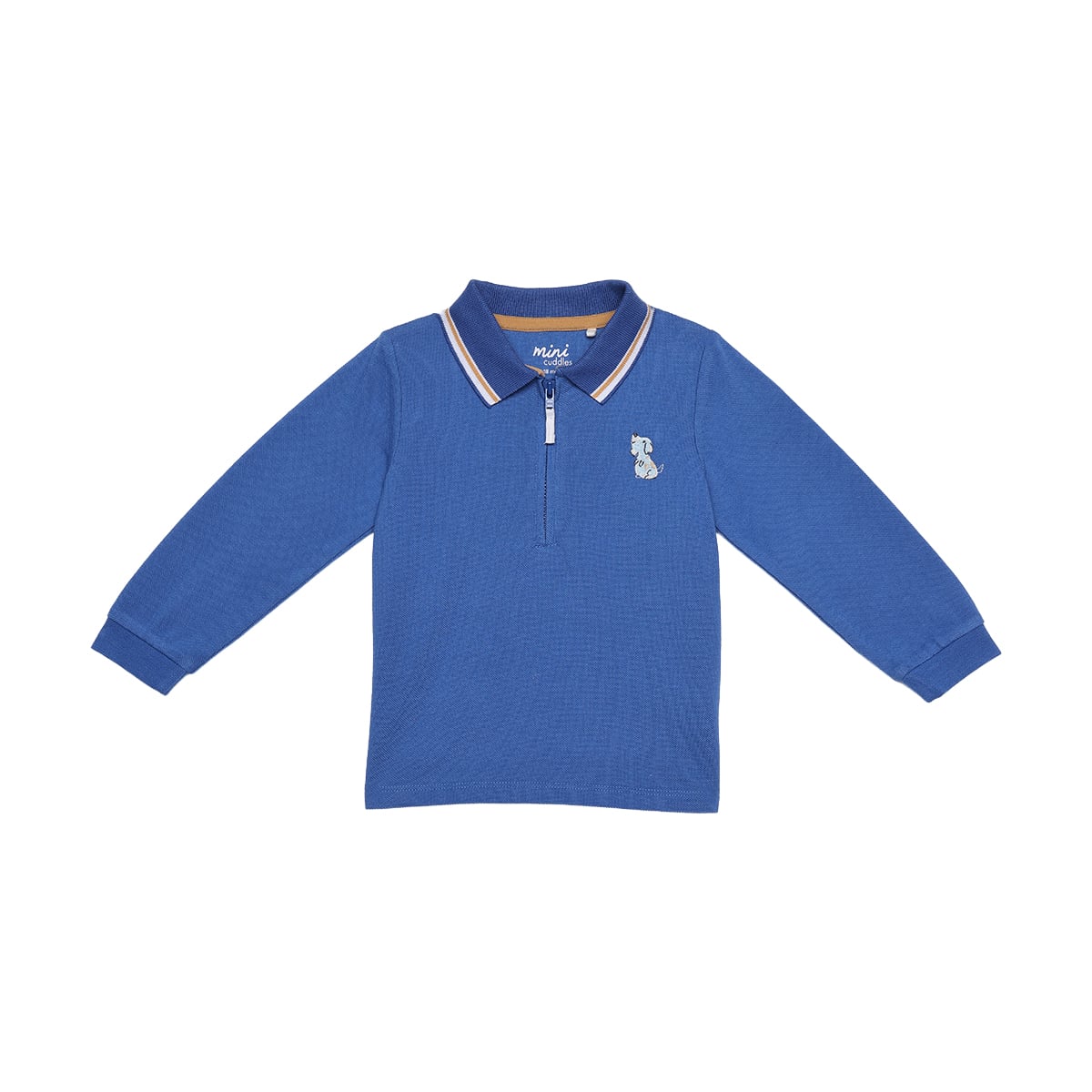 Baby Boys Blue Cotton Blend Dog Embroidered Full Sleeve Zip Polo T-Shirt Regular Fit Casual Wear
