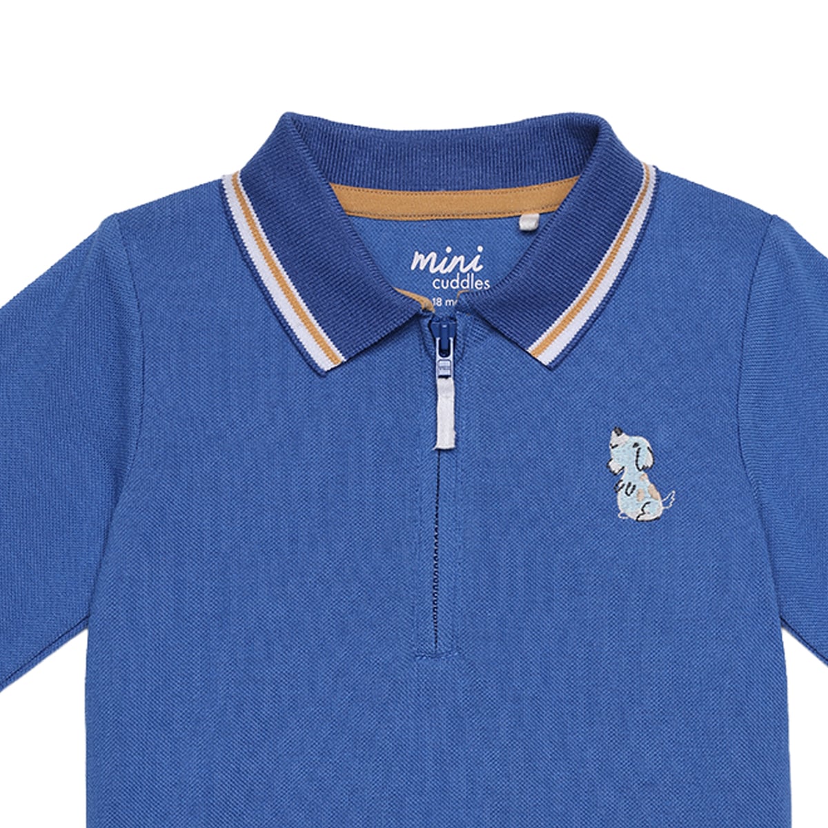 Baby Boys Blue Cotton Blend Dog Embroidered Full Sleeve Zip Polo T-Shirt Regular Fit Casual Wear