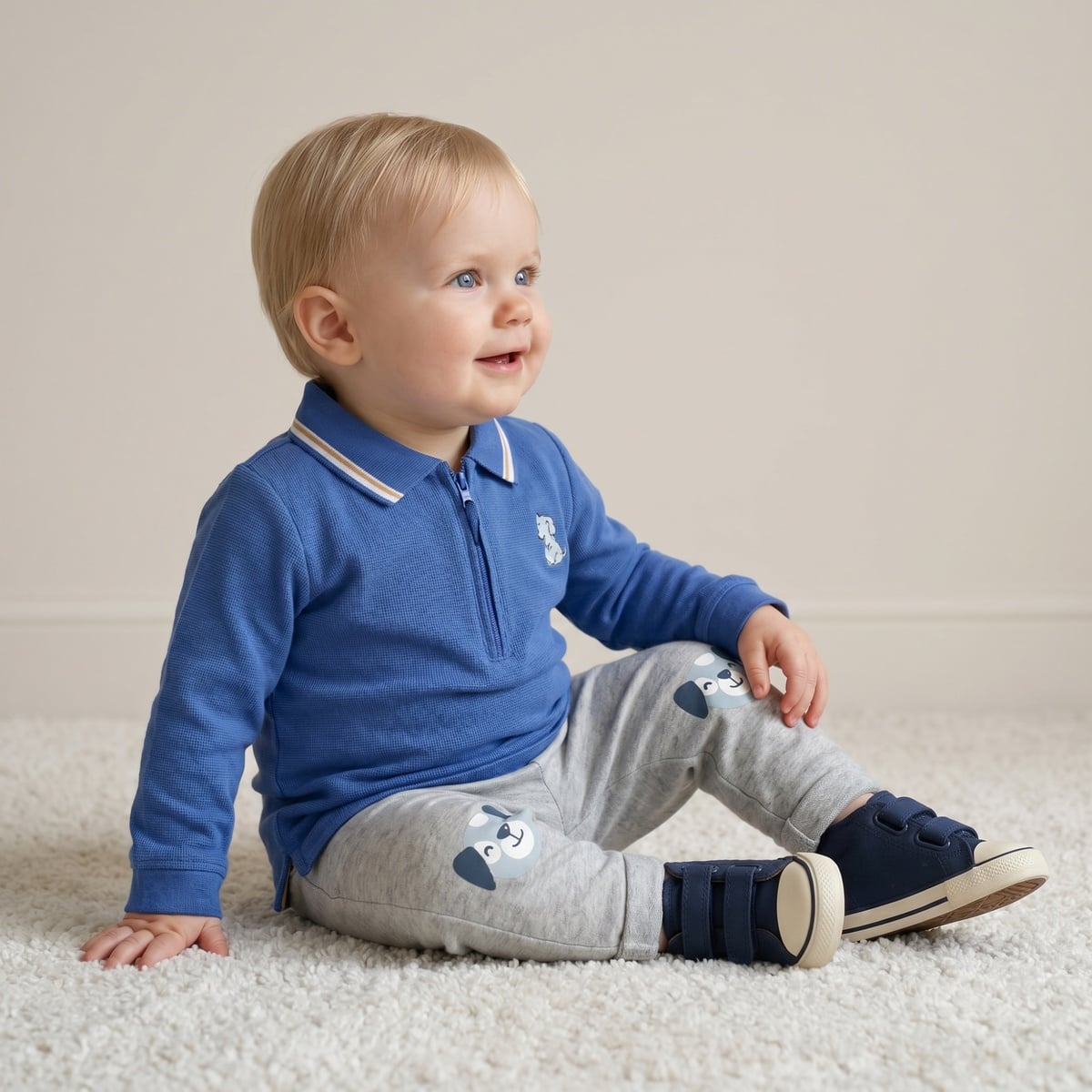 Baby Boys Blue Cotton Blend Dog Embroidered Full Sleeve Zip Polo T-Shirt Regular Fit Casual Wear
