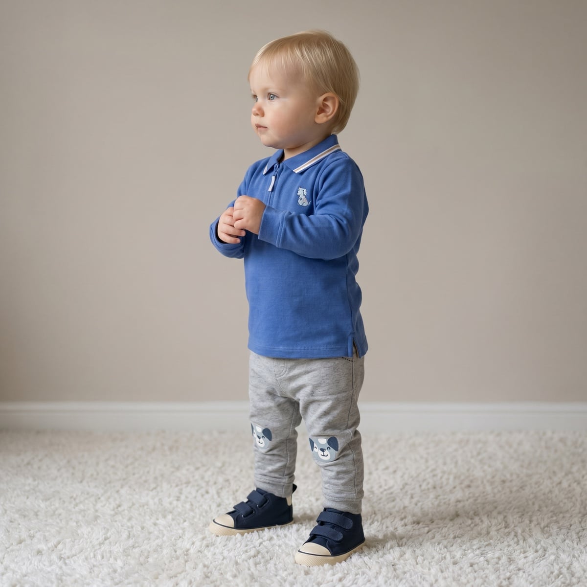 Baby Boys Blue Cotton Blend Dog Embroidered Full Sleeve Zip Polo T-Shirt Regular Fit Casual Wear