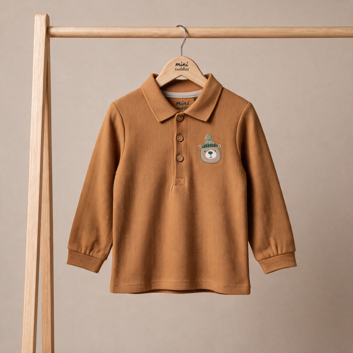 Baby Boys Rust Brown Cotton Blend Bear Embroidered Textured Full Sleeve Polo T-Shirt Regular Fit Casual Wear