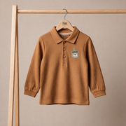 Baby Boys Rust Brown Cotton Blend Bear Embroidered Textured Full Sleeve Polo T-Shirt Regular Fit Casual Wear